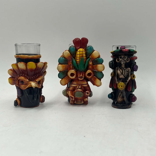 Handcrafted Mexican Shot Glass | Aztec Warrior Design - handcrafted Aztec warrior ceramic shot glass with colorful feathered headdress