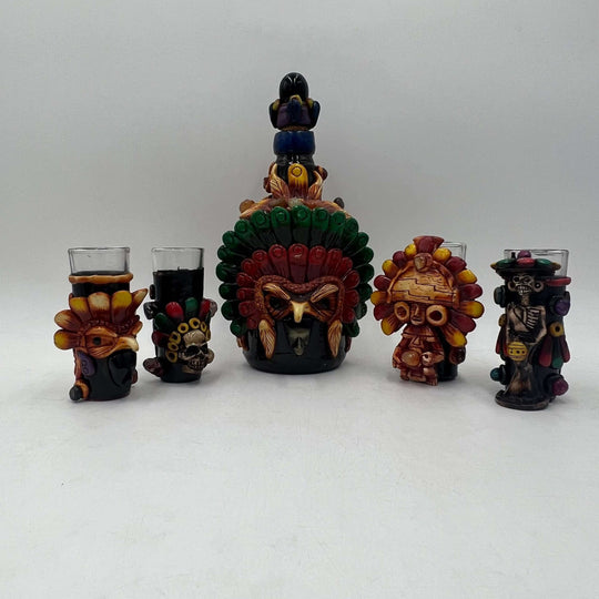 Handcrafted Mexican Shot Glass | Aztec Warrior Design - set of colorful handcrafted Aztec warrior themed shot glass and decanter from Guanajuato