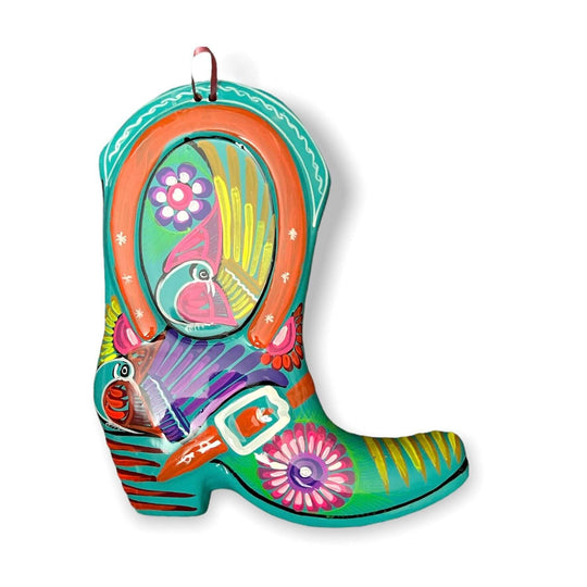 Guerrero Cowboy Boot Wall Art | Mexican Hand-Painted Pottery Decor — hand-painted Talavera cowboy boot with pink, green, yellow florals and bird motif