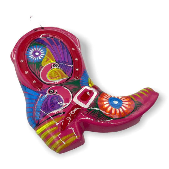 Guerrero Cowboy Boot Wall Art | Mexican Hand-Painted Pottery Decor vivid pink hand-painted Talavera cowboy boot with floral and bird motifs