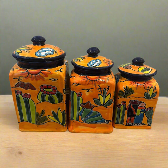 Talavera Canister Set | Colorful Handmade Panchito Pottery - handmade orange Panchito desert canister set with cactus and folk art design, 3-piece