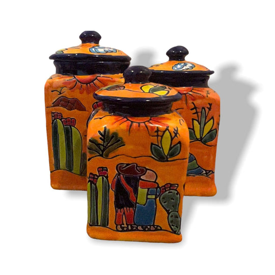 Talavera Canister Set | Colorful Handmade Panchito Pottery - trio of hand-painted orange ceramic kitchen canisters with Panchito desert design