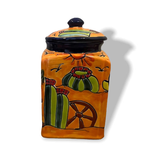 Talavera Canister Set | Colorful Handmade Panchito Pottery - hand-painted orange desert design ceramic canister with lid