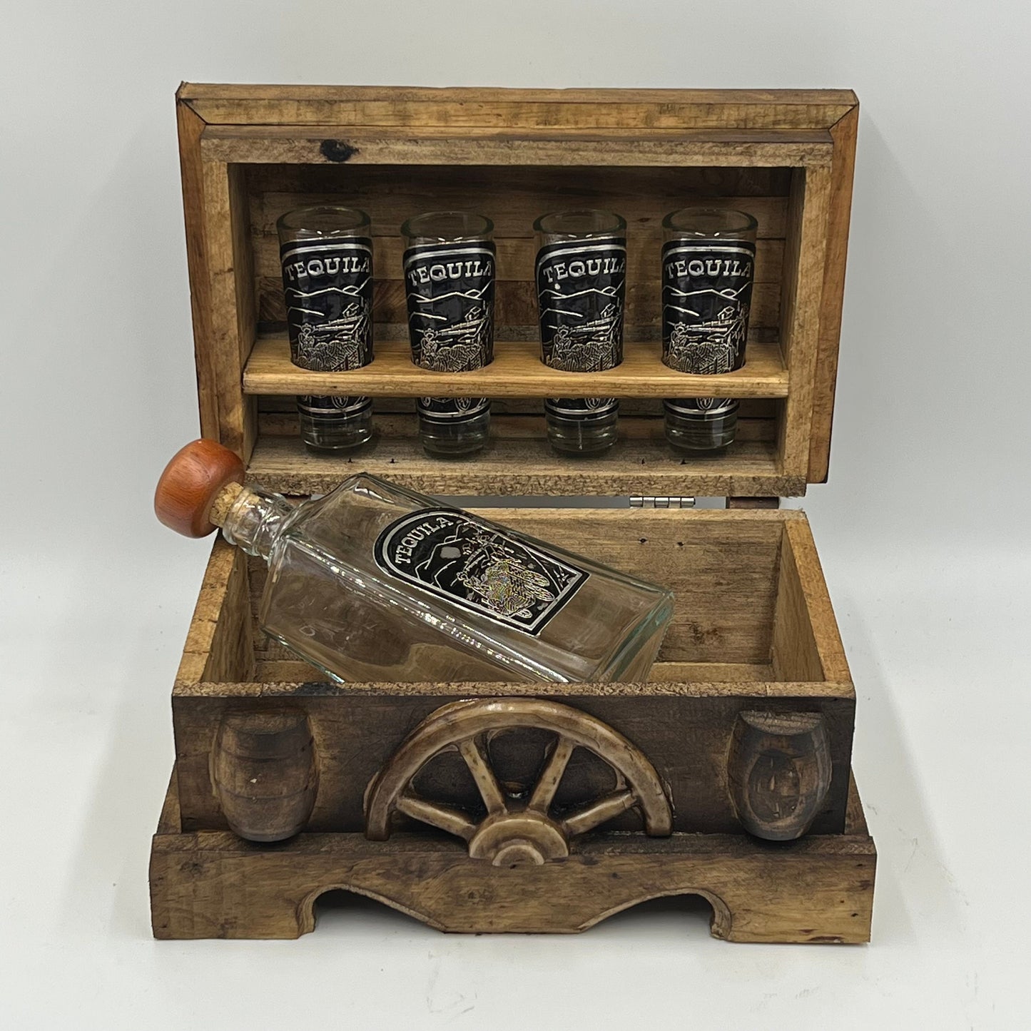 Handcrafted Mexican Shot Glass and Decanter Set | Rustic Wood Chest Decanter