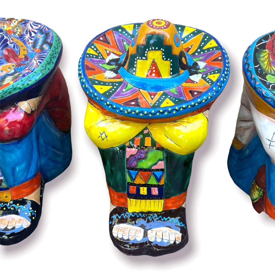 XL Talavera Panchito Statue | Hand-Painted Mexican Pottery Decor — rare XL sleeping man talavera with colorful hand-painted sombrero and kiln-fired lead-free glaze
