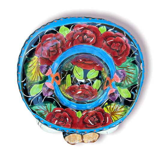 XL Talavera Panchito Statue | Hand-Painted Mexican Pottery Decor — top view of hand-painted floral Talavera bowl with vibrant red roses and blue rim