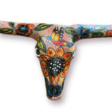 Talavera Longhorn Skull | Handmade Mexican Bull Wall Art hand-painted Talavera floral longhorn skull in blues, reds, yellows on terracotta