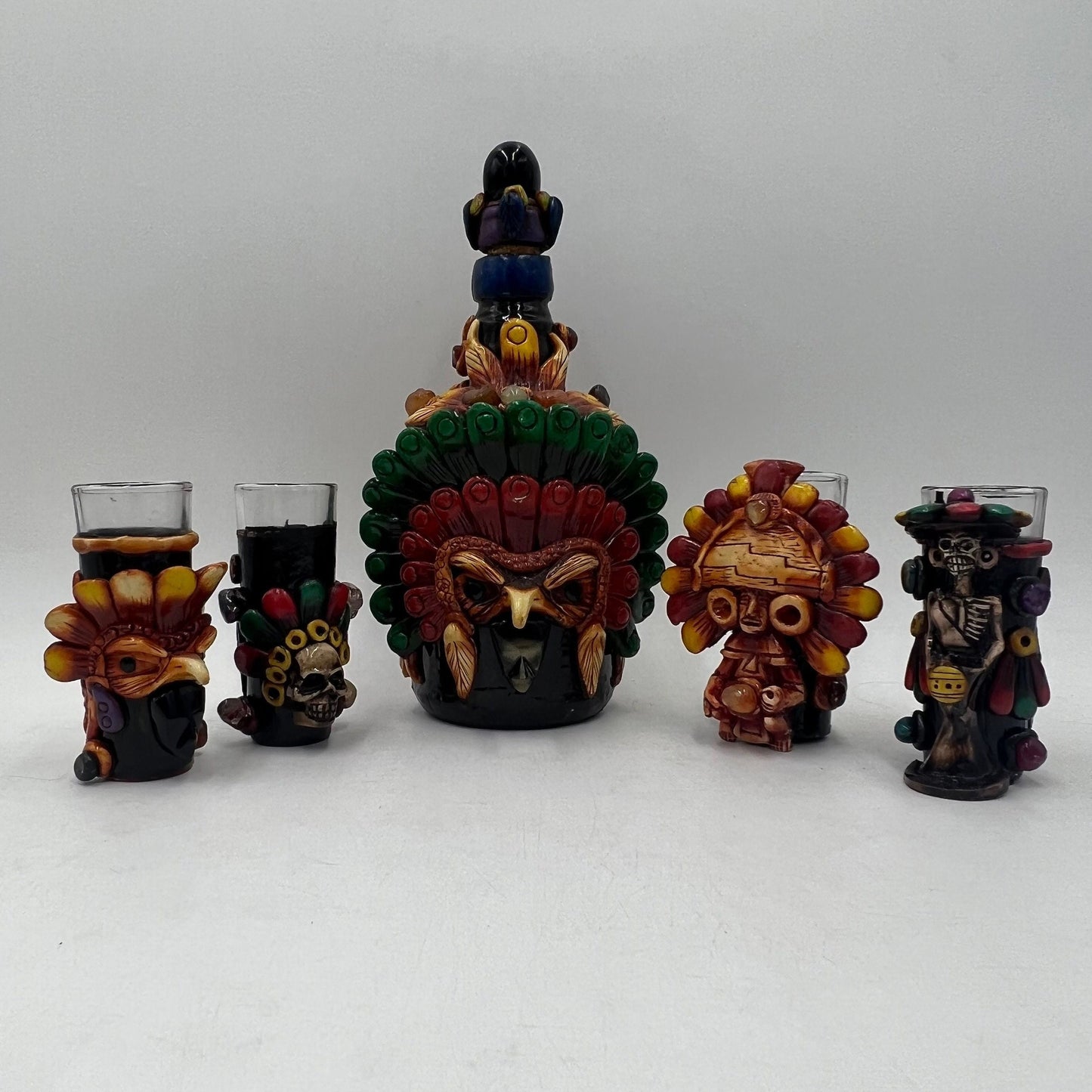 Mexican Shot Glass Set | Artisan Aztec Warrior Decanter Kit