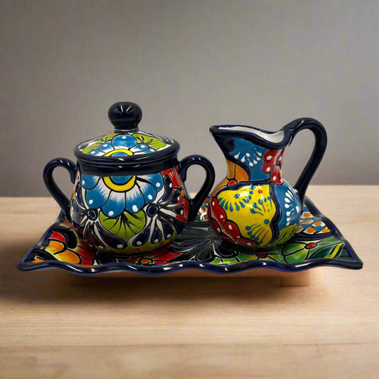 Handmade Talavera Creamer Pitcher | Authentic Mexican Pottery - colorful hand-painted creamer and sugar set on matching tray