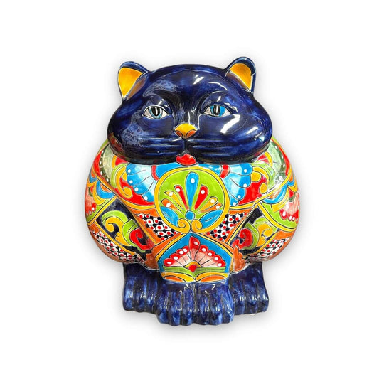 Fat Cat Talavera Planter | Handmade Mexican Pottery – hand-painted chubby cat planter in vibrant traditional Mexican Talavera colors