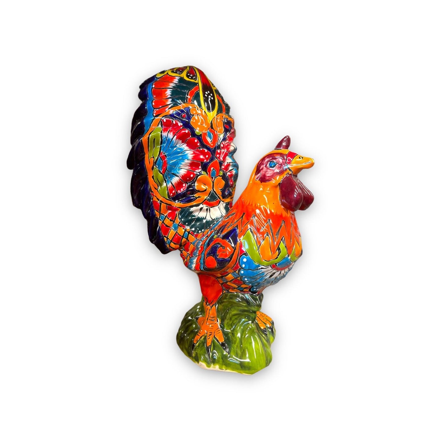 Vibrant Talavera Rooster Statue | Hand-Painted Chicken Decor