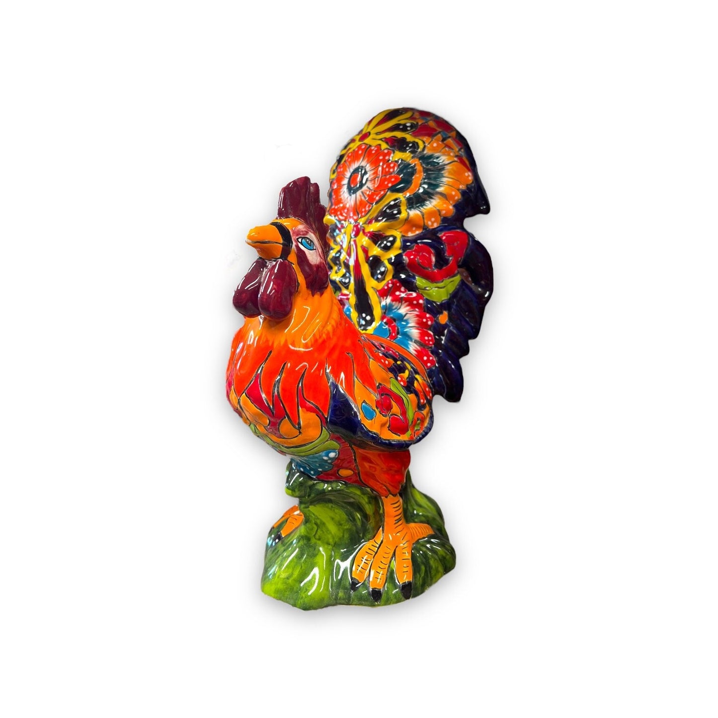 Vibrant Talavera Rooster Statue | Hand-Painted Chicken Decor