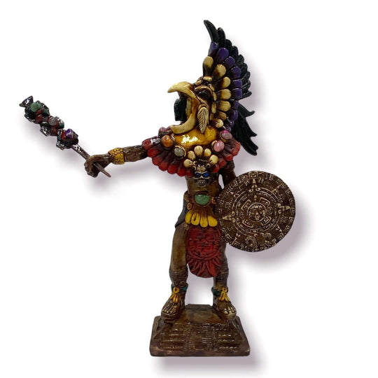 Aztec Warrior Statue | Handcrafted Cultural Sculpture - colorful handcrafted Aztec warrior with feathered headdress, shield and ceremonial staff