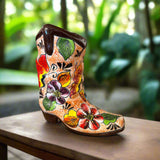Colorful Boot Planter | Handcrafted Talavera Pot - hand-painted boot-shaped planter with red blue green yellow floral and butterfly motifs