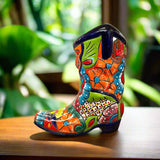 Colorful Boot Planter | Handcrafted Talavera Pot hand-painted boot planter with floral and butterfly motifs in red blue green yellow