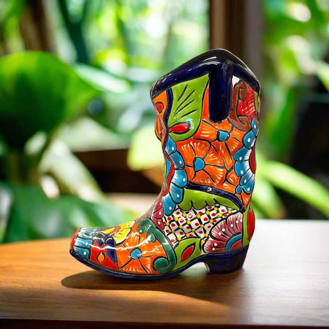 Hand Painted Talavera Boot Planter Vibrant Folk Pot