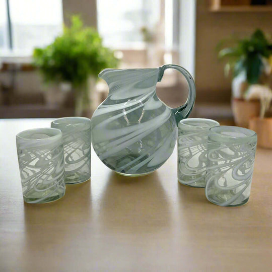 Mexican Hand-Blown Glass Pitcher | White Swirl showcased with four matching hand-blown glasses, lead-free artisan pitcher from Guanajuato