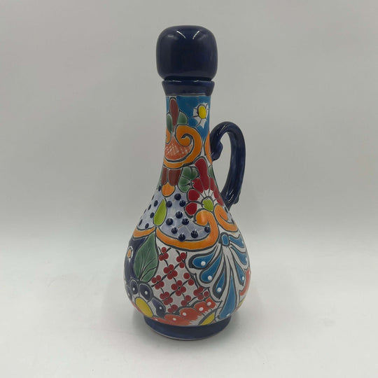 Talavera Decanter with 6 Shot Glasses | Hand Painted Mexican Set - hand painted floral Talavera decanter in blue, orange, green and red