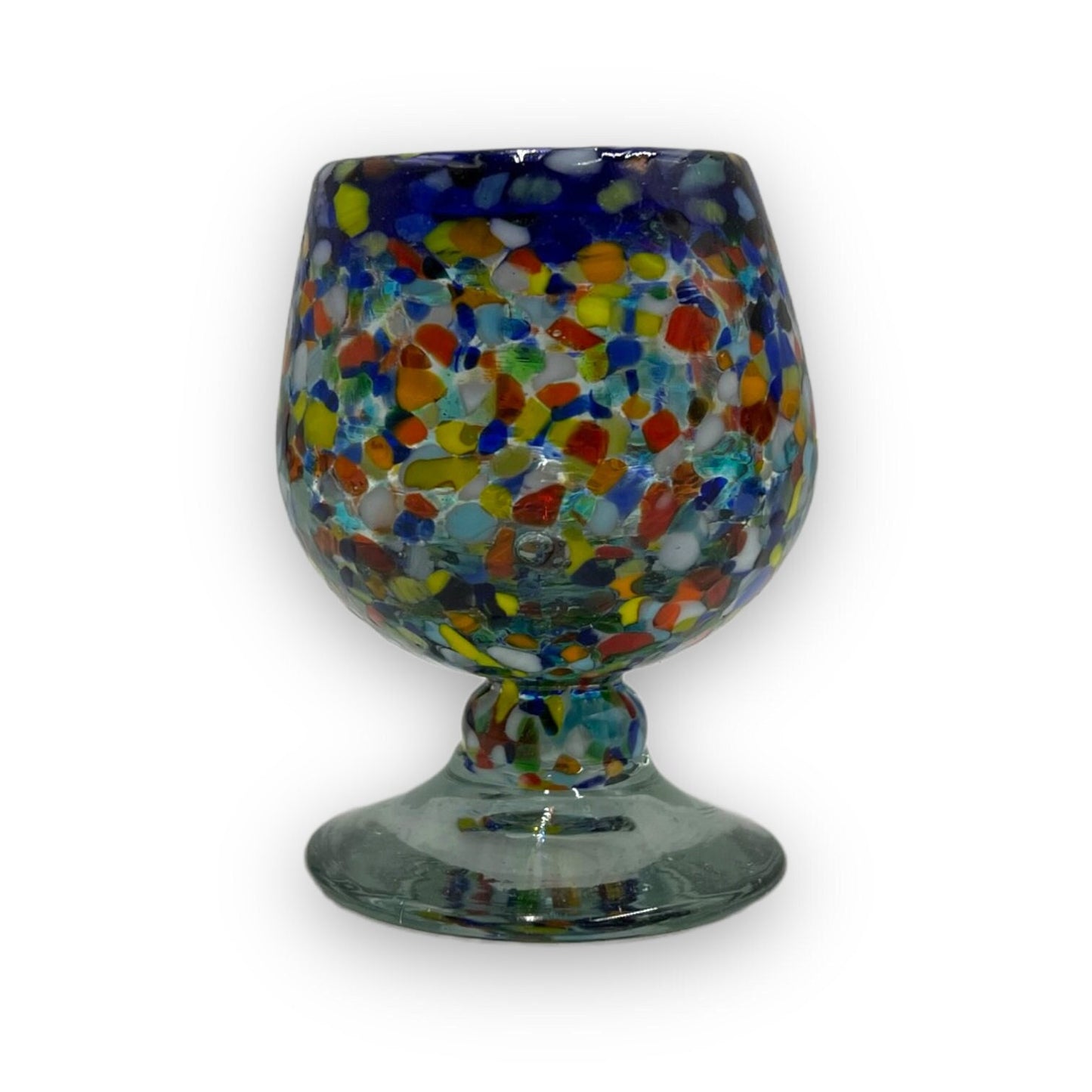 Artisan Handmade Cognac Shot Glass with Blue Rim - Unique Confetti Rock Design