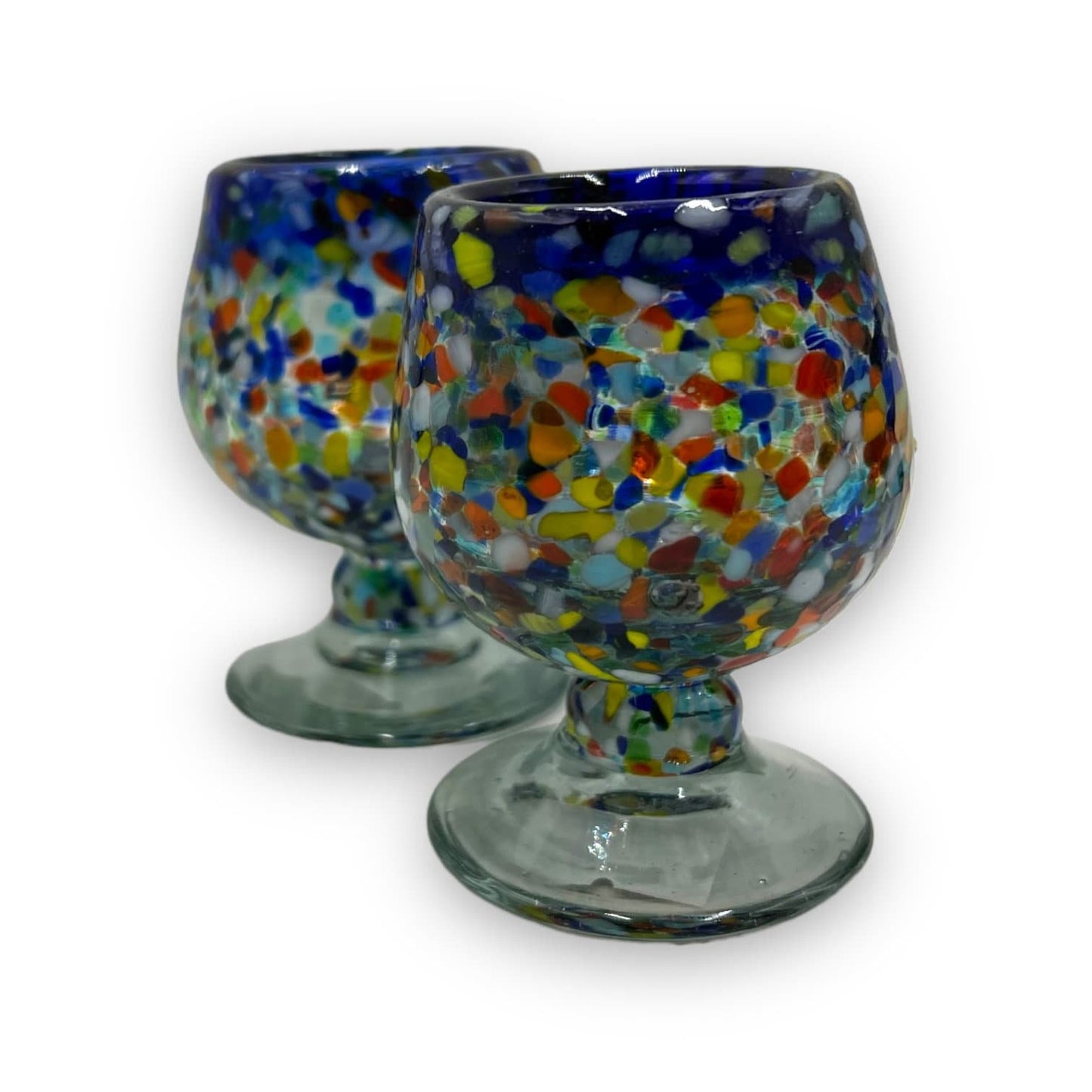 Artisan Handmade Cognac Shot Glass with Blue Rim - Unique Confetti Rock Design