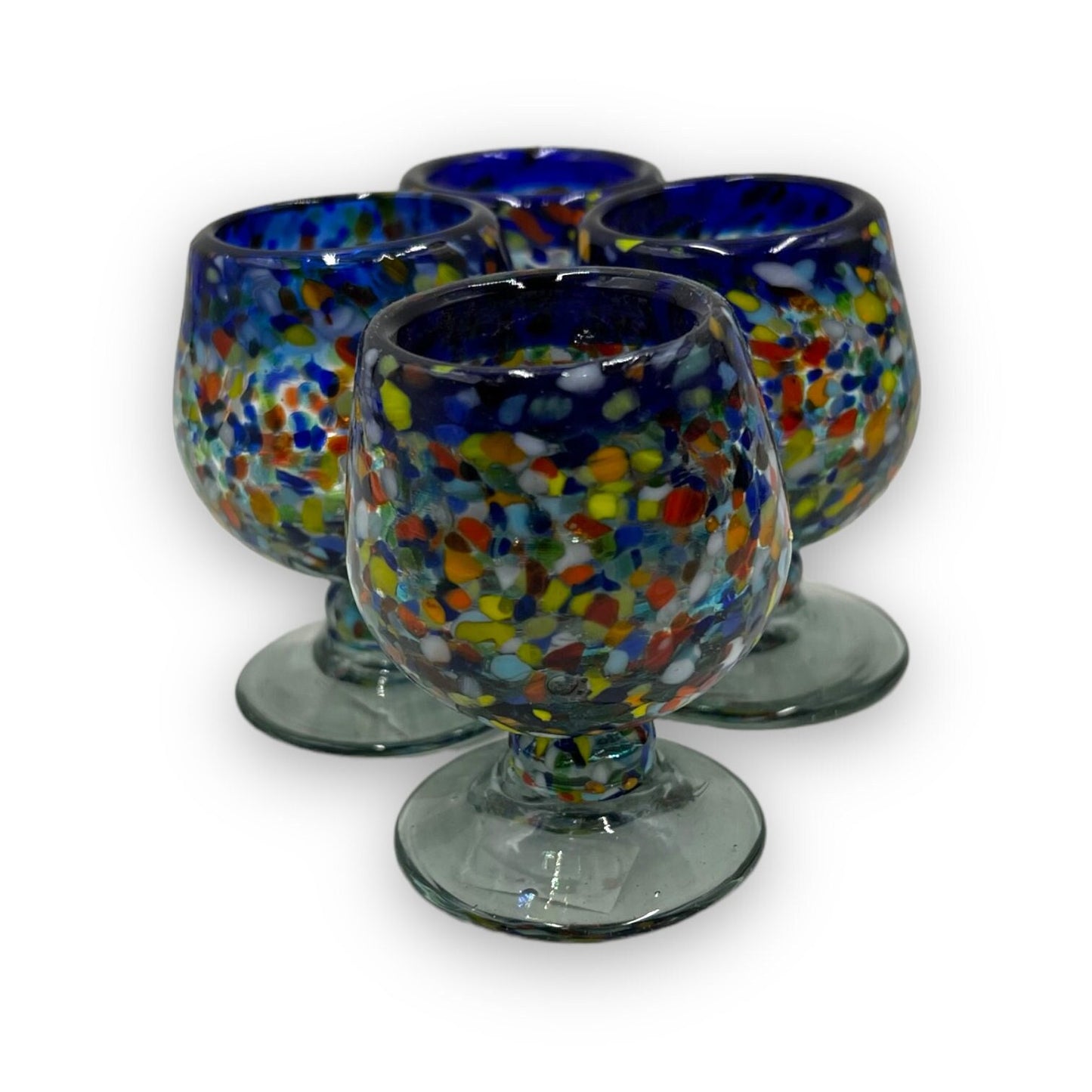 Artisan Handmade Cognac Shot Glass with Blue Rim - Unique Confetti Rock Design