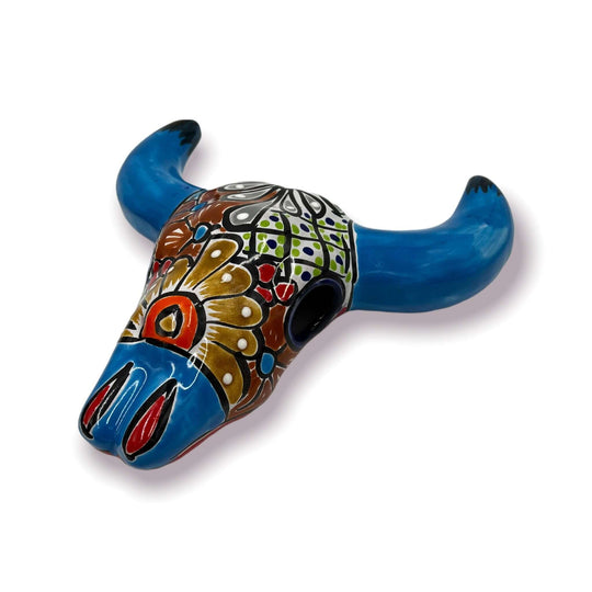 Talavera Bull Skull Wall Decor | Colorful Handcrafted Longhorn Art hand-painted blue horn Talavera skull with floral and geometric designs