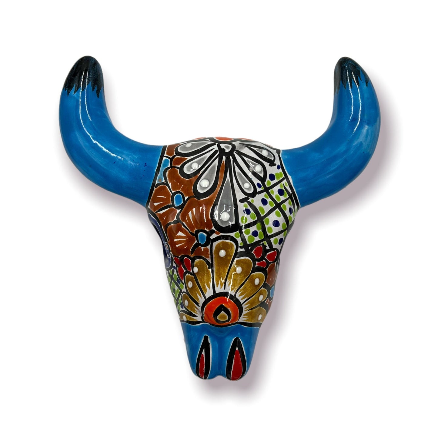 Colorful Talavera Bull Skull | Handcrafted Mexican Longhorn Wall Decor 10.5"x11"
