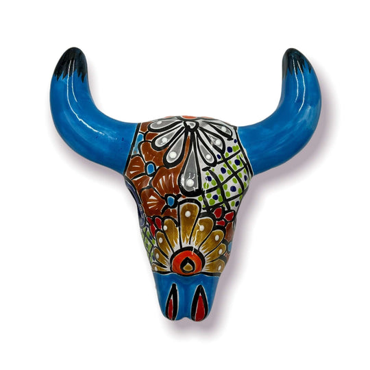 Talavera Bull Skull Wall Decor | Colorful Handcrafted Longhorn Art - hand-painted blue horns with floral Talavera patterns