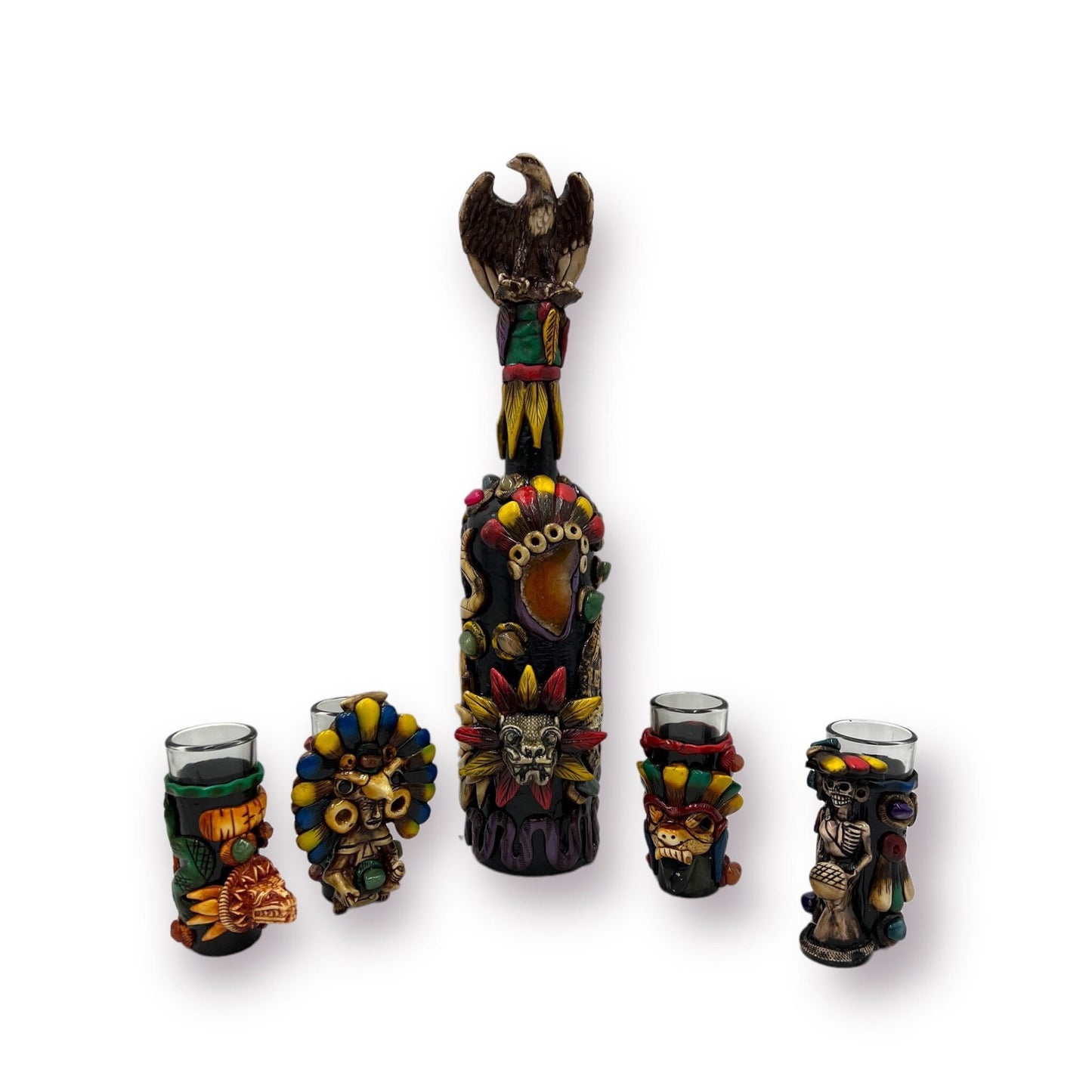 Mexican Handmade Shot Glass and Tequila Set | Aztec Warrior Decanter Set