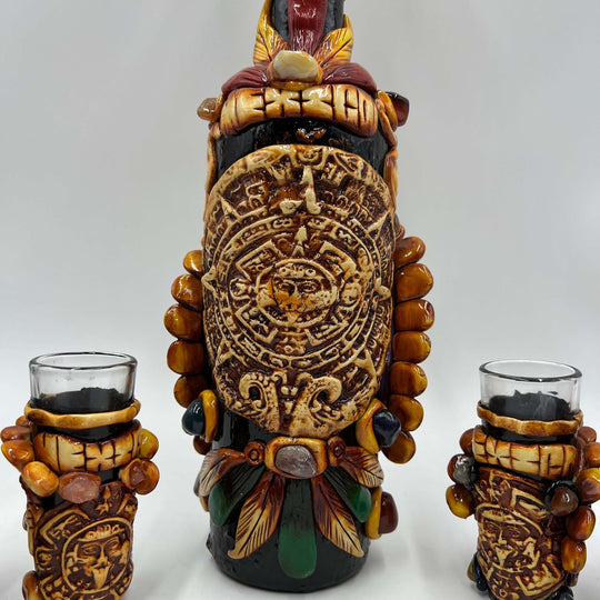Aztec Warrior Tequila Set | Handmade Mexican Shot Glass & Decanter Set - handcrafted sculpted decanter and two shot glasses with Aztec sun stone motif