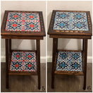Square Talavera Tile End Table | Handmade Mexican Wood Accent Table showing two hand-painted Talavera tile patterns on compact wooden end tables