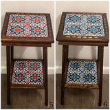 Square Talavera Tile End Table | Handmade Mexican Wood Accent Table showing two hand-painted Talavera tile patterns on compact wooden end tables