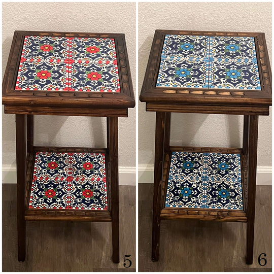 Square Talavera Tile End Table | Handmade Mexican Wood Accent Table showing two hand-painted Talavera tile patterns on compact wooden end tables