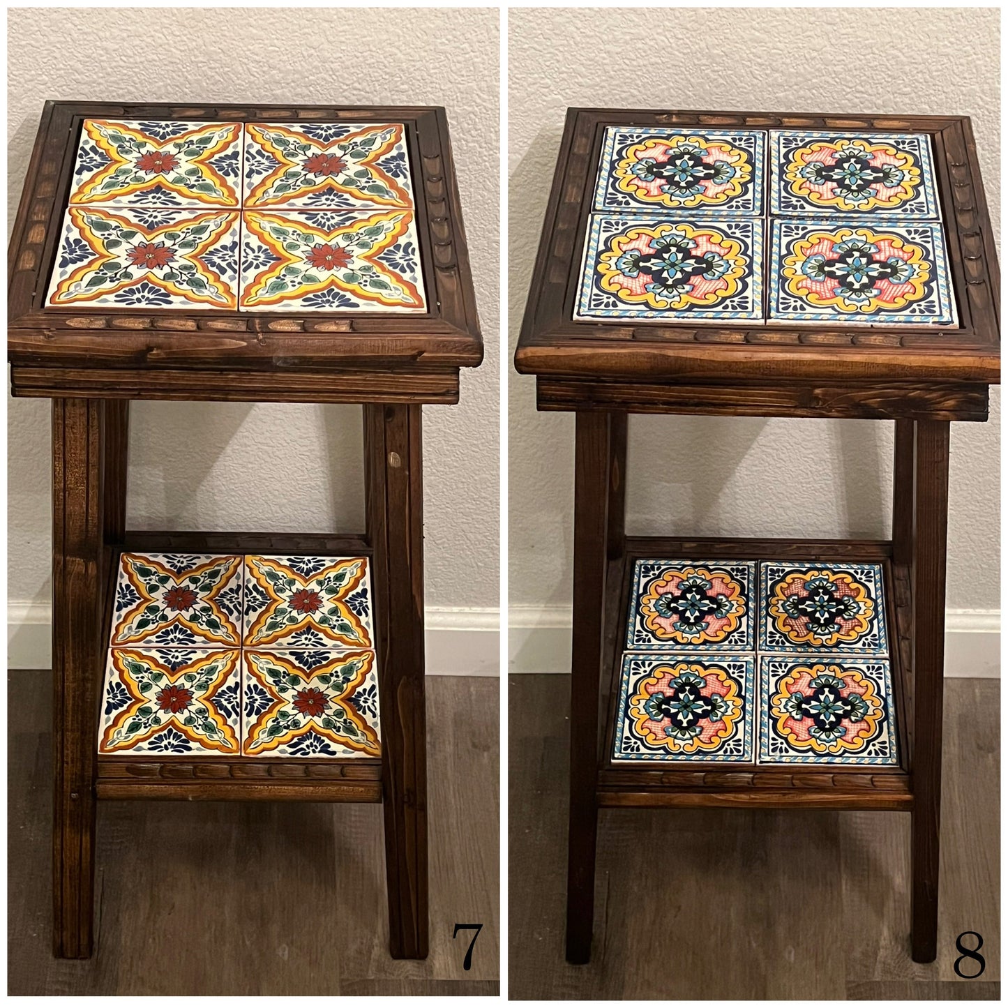 Handmade Mexican Accent End Table | Talavera Tiles, Wood Side Table