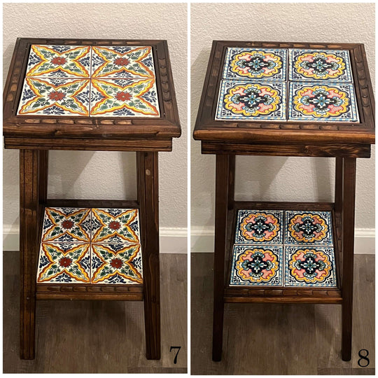 Square Talavera Tile End Table | Handmade Mexican Wood Accent Table - handcrafted Guanajuato wood end table with vibrant Talavera tile top and lower shelf