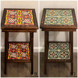 Square Talavera Tile End Table | Handmade Mexican Wood Accent Table showing two tile color variations on a compact hand-painted wooden end table
