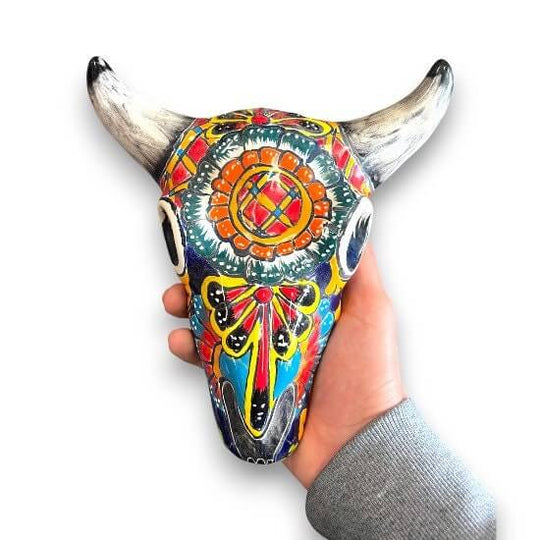 Talavera Bull Skull Wall Decor | Handmade Mexican Longhorn Art — hand-painted colorful ceramic longhorn with floral Talavera design