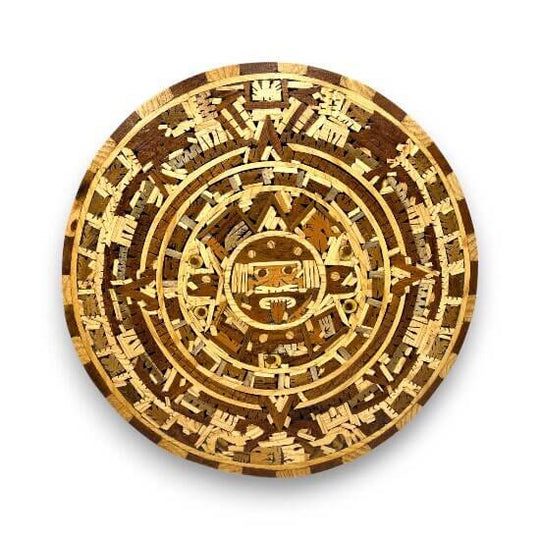 Handcrafted Mexican Aztec Warrior Calendar | Unique Artwork with 11 Wood Types - round wooden Aztec warrior calendar wall art