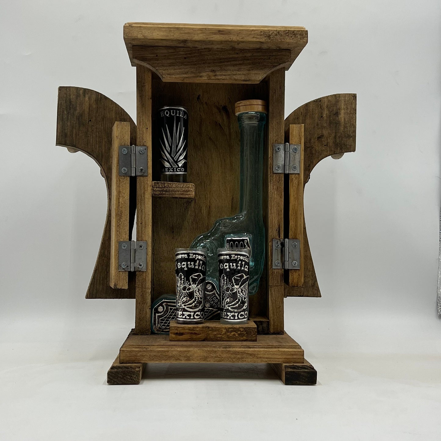Handblown Mexican Shot Glass and Tequila Set in Wood Box | Solid Wood Decanter