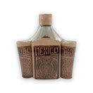 Mexican Flask & Shot Glass Set | Handmade Aztec Calendar Decanter - Talavera-style etched decanter with three matching shot cups