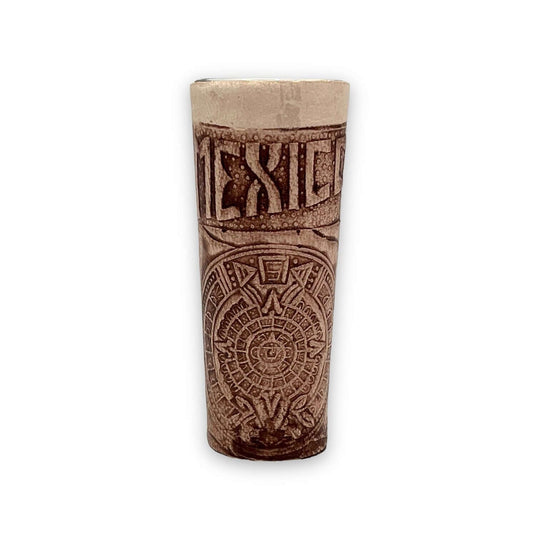 Mexican Flask & Shot Glass Set | Handmade Aztec Calendar Decanter tall brown Talavera style shot glass with Aztec calendar design