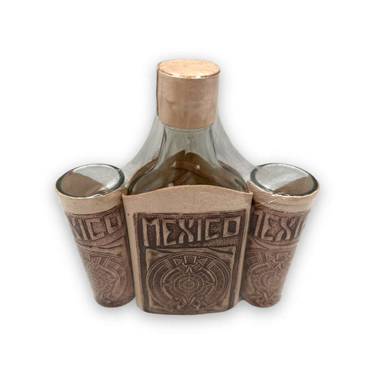 Mexican Flask & Shot Glass Set | Handmade Aztec Calendar Decanter - handcrafted Talavera leather-wrapped decanter with two matching shot glasses