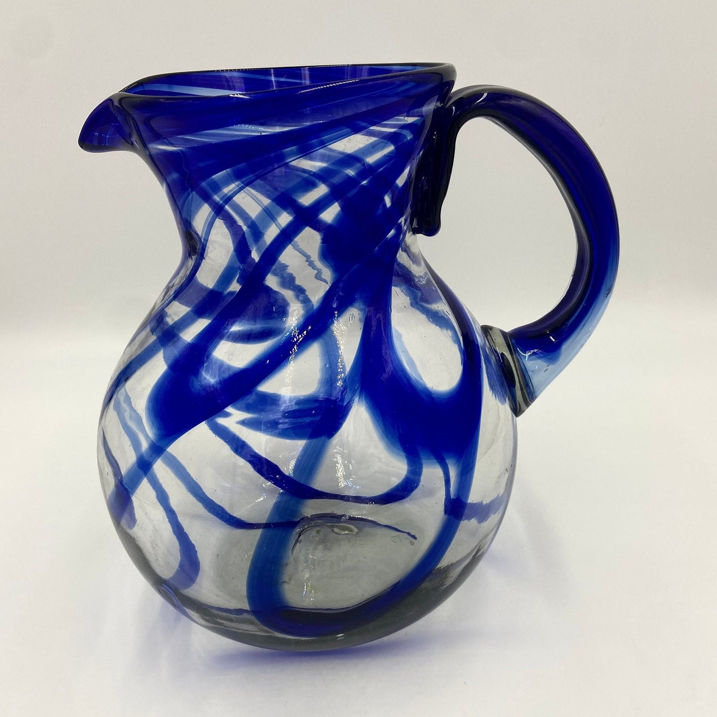 Authentic Hand Blown Mexican Glass Pitcher | Stunning Blue Swirl Design