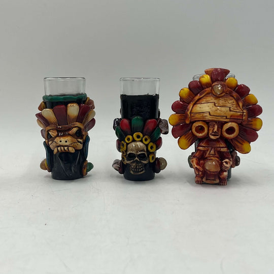 Handcrafted Mexican Shot Glass | Aztec Warrior Design - trio of handpainted Aztec warrior and skull shot glasses from Guanajuato artisans