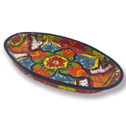 XL Oval Talavera Platter | Hand-Painted Mexican Serving Dish - vibrant hand-painted floral and geometric design, deep blue rim, kiln-fired lead-free glaze