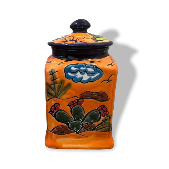 Talavera Canister Set | Colorful Handmade Panchito Pottery - handmade orange Panchito desert design canister with cactus and cloud