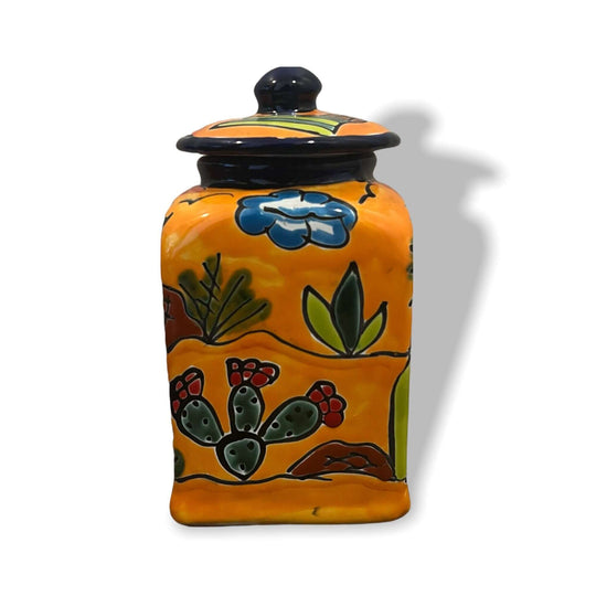 Talavera Canister Set | Colorful Handmade Panchito Pottery orange hand-painted ceramic canister with Panchito desert cactus design