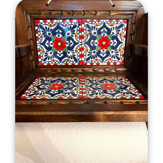 Personalized Talavera Wall Decor | Custom Paper Towel Holder showing hand-painted Talavera tiles in wooden holder