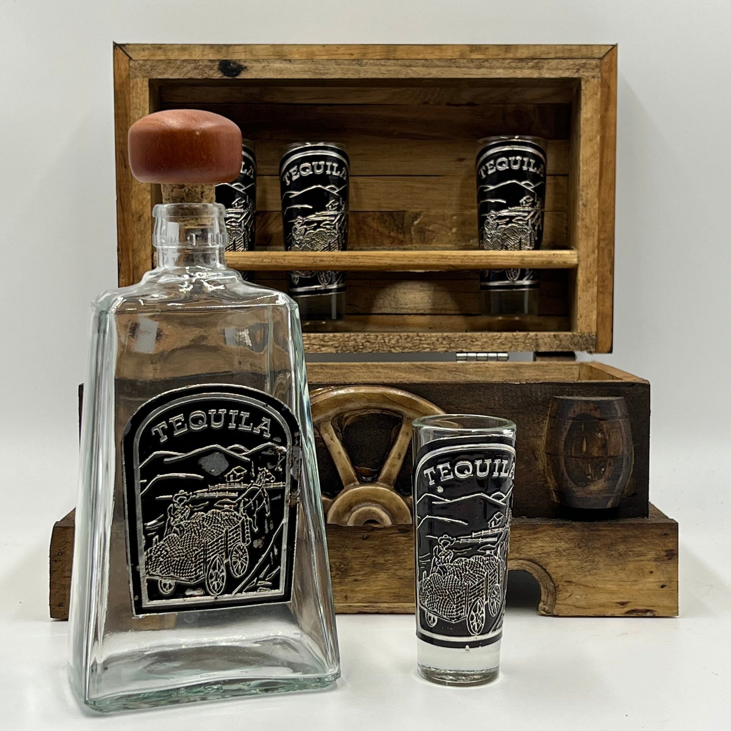 Handcrafted Mexican Shot Glass and Decanter Set | Rustic Wood Chest Decanter