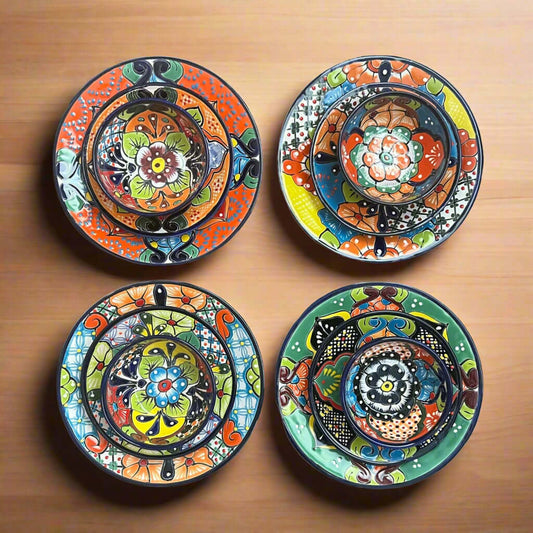 Talavera Dinnerware Set | 26-Piece Floral Tableware for 8 - hand-painted Mexican floral plates and bowls arranged on wood, kiln-fired lead-free glaze